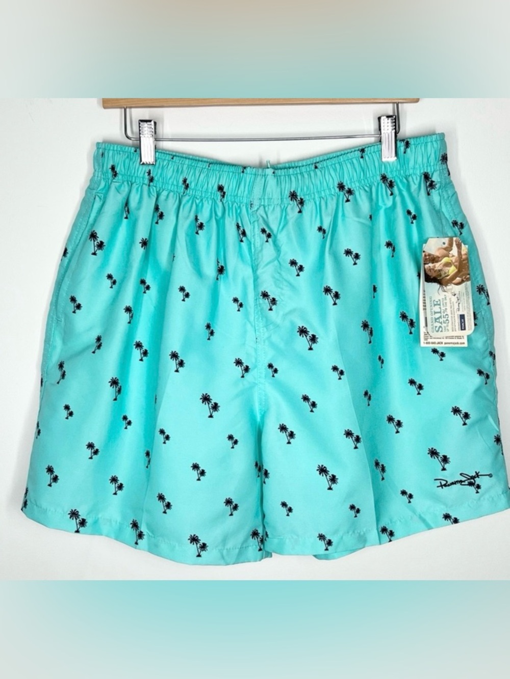 NWT Panama Jack Aqua Blue Navy Blue Palm Tree Print Swim Trunks XL